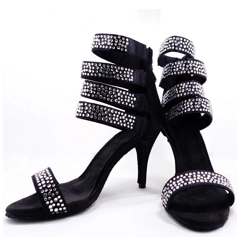 DS Women's Black Satin Customized Heel  Salsa Dance Shoes Heels Dance Boots With Rhinestone