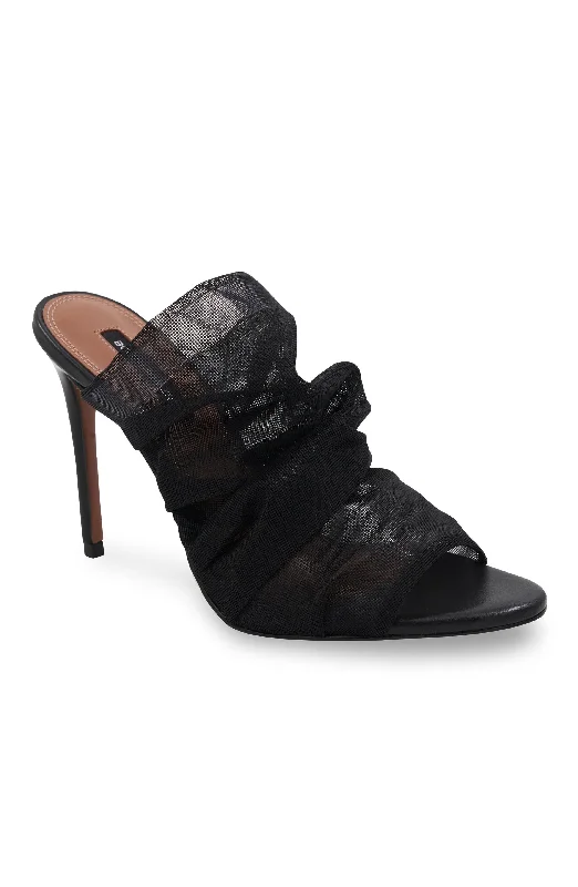 SARANI BLACK RUCHED MESH HEEL MULE